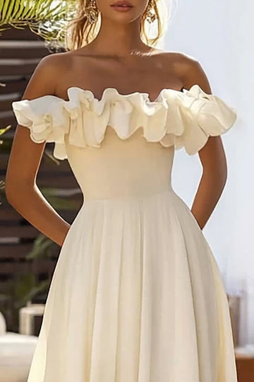 Daffodil Ruffled Off The Shoulder Chiffon Long Wedding Guest Dress